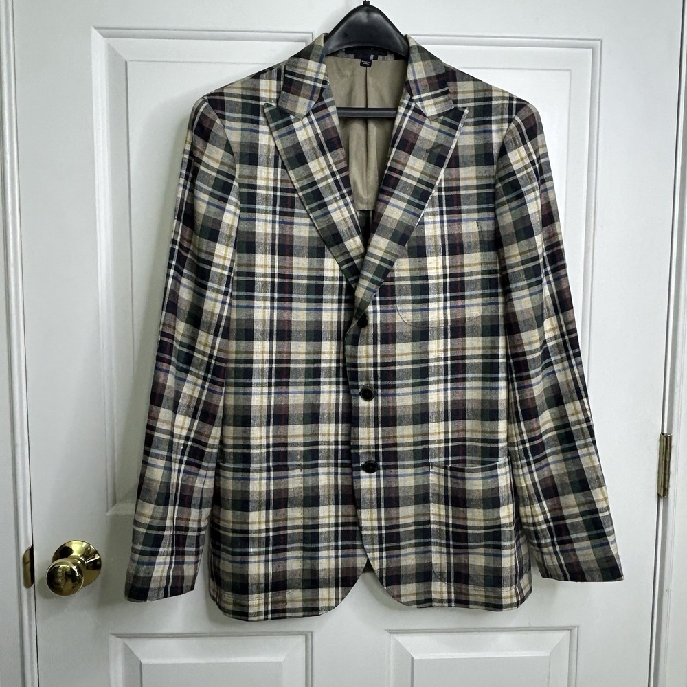 J Crew Kenmare Blazer Scottish Linen Wool Blend Multicolored Plaid Mens 38S 38 S